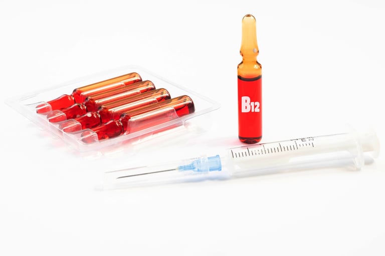 Injection of vitamins B 12 on a white background. Ampoules with red liquid. Beauty and health concept